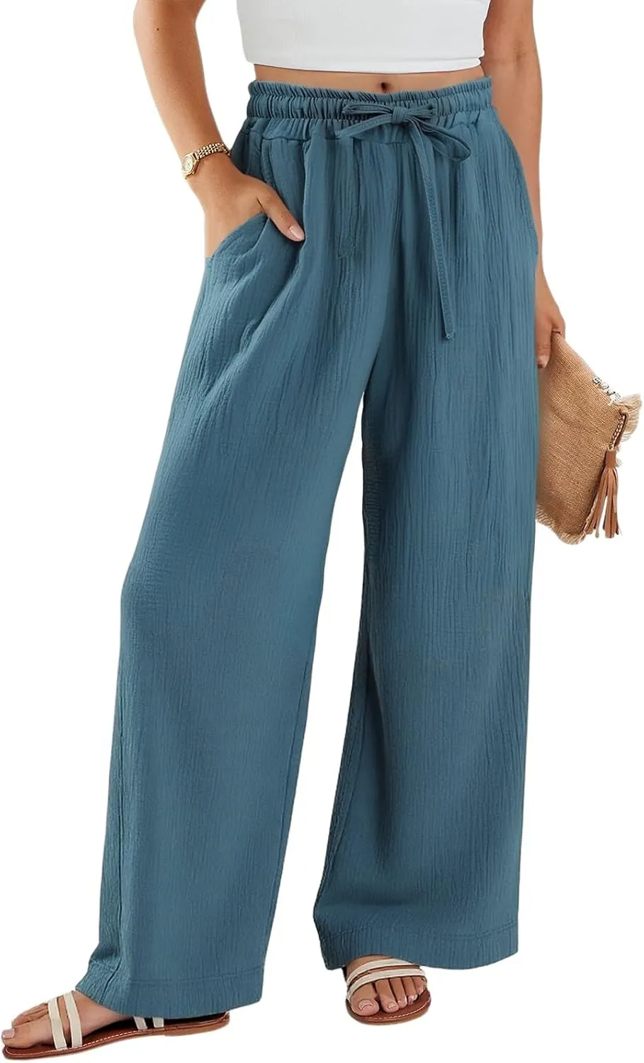 eoeioa Summer Beach Pants for Women Casual High Waisted Drawstring Linen Pants Lightweight Palazzo Trousers with Pockets