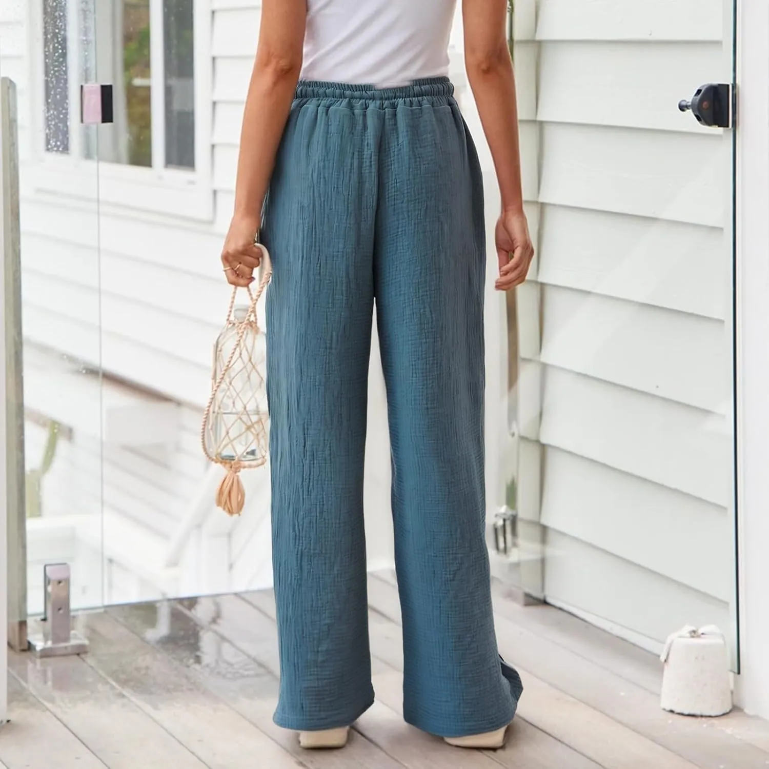 eoeioa Summer Beach Pants for Women Casual High Waisted Drawstring Linen Pants Lightweight Palazzo Trousers with Pockets