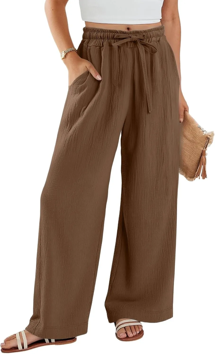 eoeioa Summer Beach Pants for Women Casual High Waisted Drawstring Linen Pants Lightweight Palazzo Trousers with Pockets