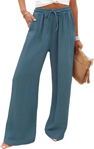 eoeioa Summer Beach Pants for Women Casual High Waisted Drawstring Linen Pants Lightweight Palazzo Trousers with Pockets