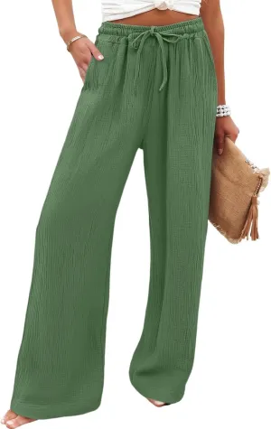 eoeioa Summer Beach Pants for Women Casual High Waisted Drawstring Linen Pants Lightweight Palazzo Trousers with Pockets