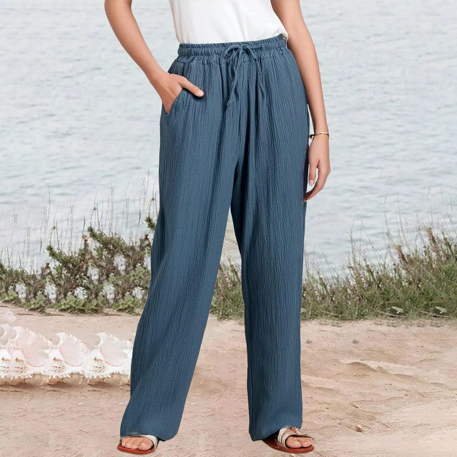 eoeioa Summer Beach Pants for Women Casual High Waisted Drawstring Linen Pants Lightweight Palazzo Trousers with Pockets