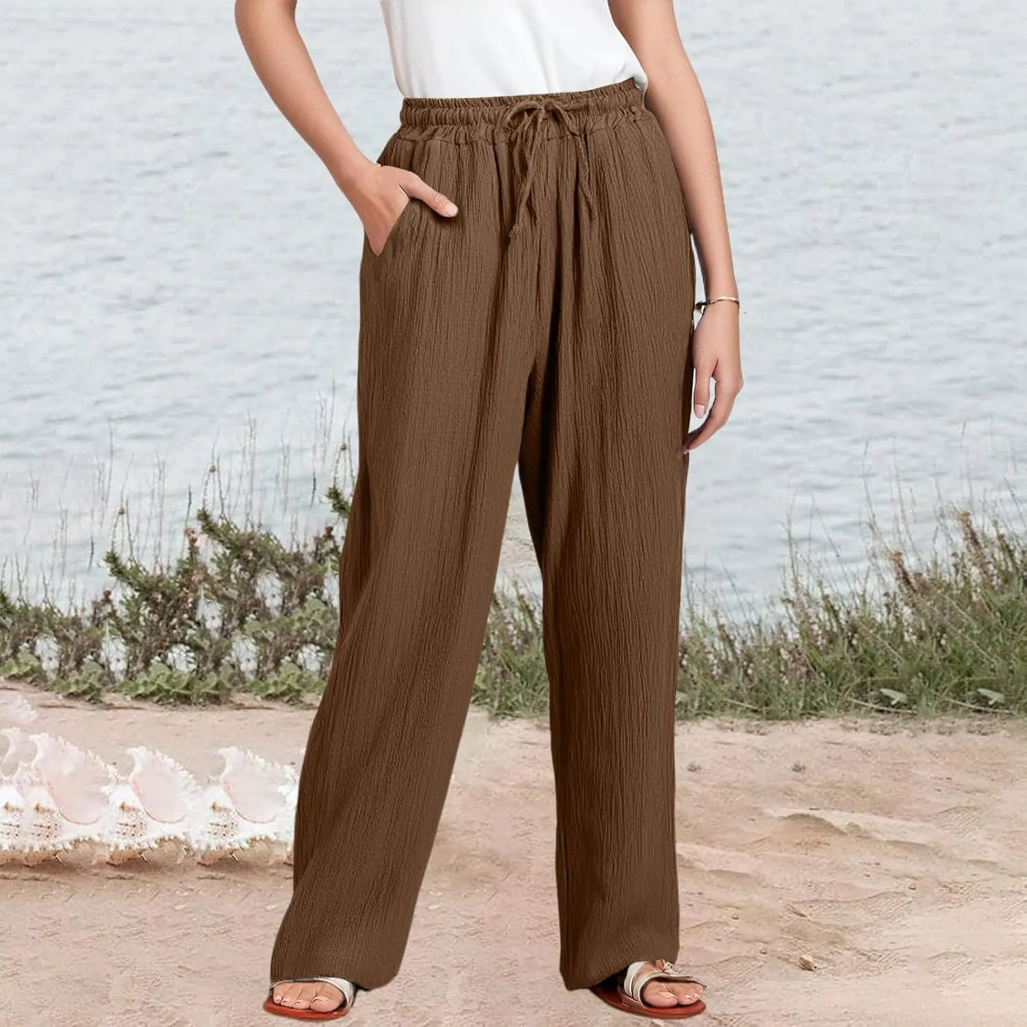 eoeioa Summer Beach Pants for Women Casual High Waisted Drawstring Linen Pants Lightweight Palazzo Trousers with Pockets