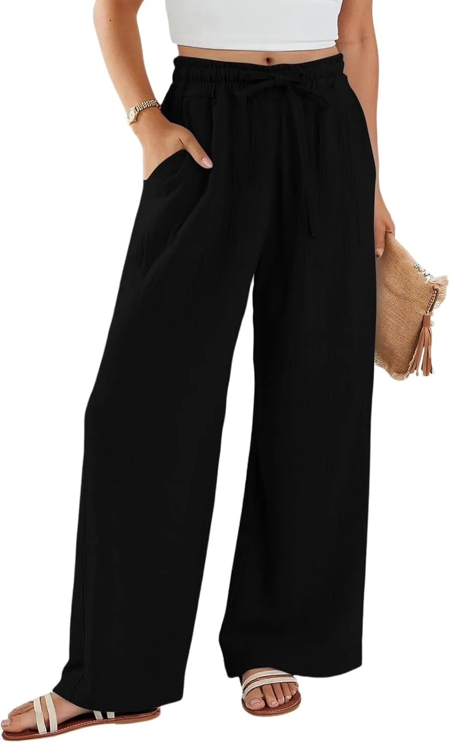 eoeioa Summer Linen Pants Women Baggy Elastic High Waisted Wide Leg Pants Comfy Flowy Beach Trousers with Pockets