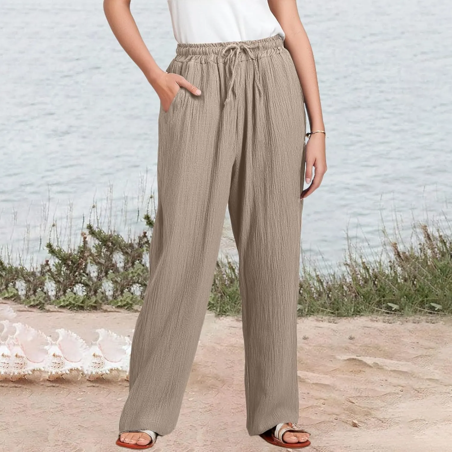 eoeioa Summer Linen Pants Women Baggy Elastic High Waisted Wide Leg Pants Comfy Flowy Beach Trousers with Pockets