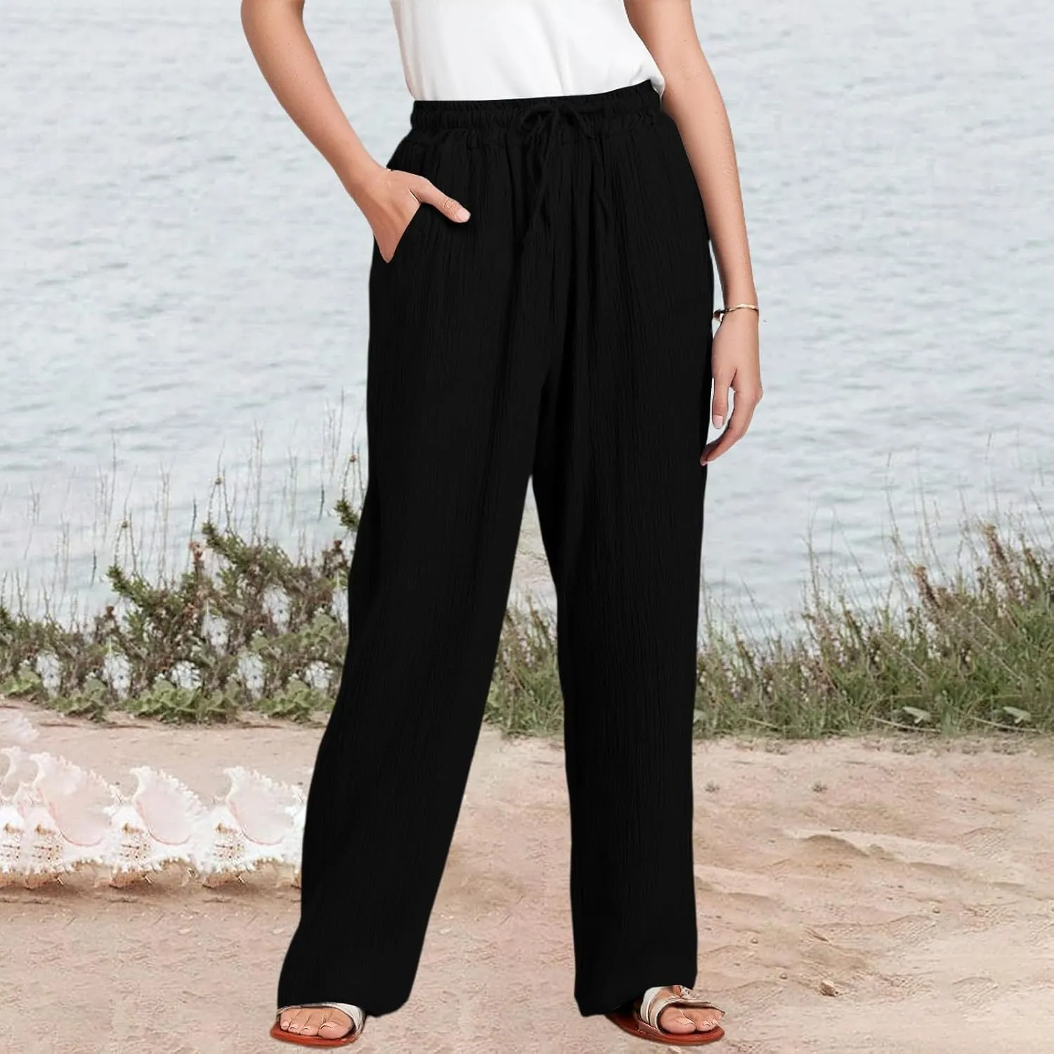 eoeioa Summer Linen Pants Women Baggy Elastic High Waisted Wide Leg Pants Comfy Flowy Beach Trousers with Pockets