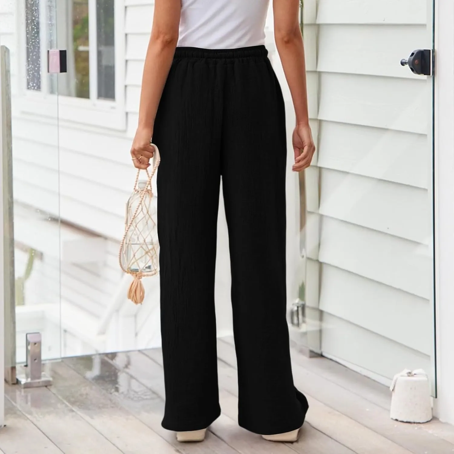 eoeioa Summer Linen Pants Women Baggy Elastic High Waisted Wide Leg Pants Comfy Flowy Beach Trousers with Pockets