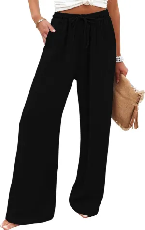 eoeioa Summer Linen Pants Women Baggy Elastic High Waisted Wide Leg Pants Comfy Flowy Beach Trousers with Pockets