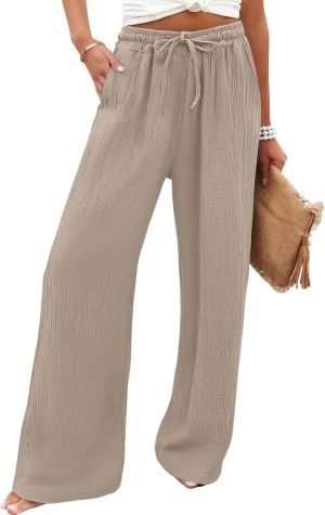 eoeioa Summer Linen Pants Women Baggy Elastic High Waisted Wide Leg Pants Comfy Flowy Beach Trousers with Pockets