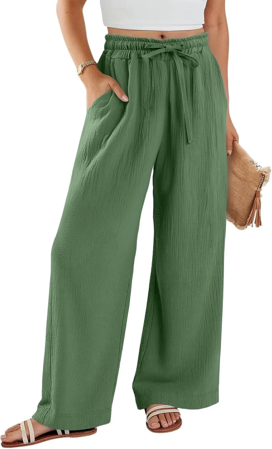 eoeioa Summer Linen Pants Women Baggy Elastic High Waisted Wide Leg Pants Comfy Flowy Beach Trousers with Pockets