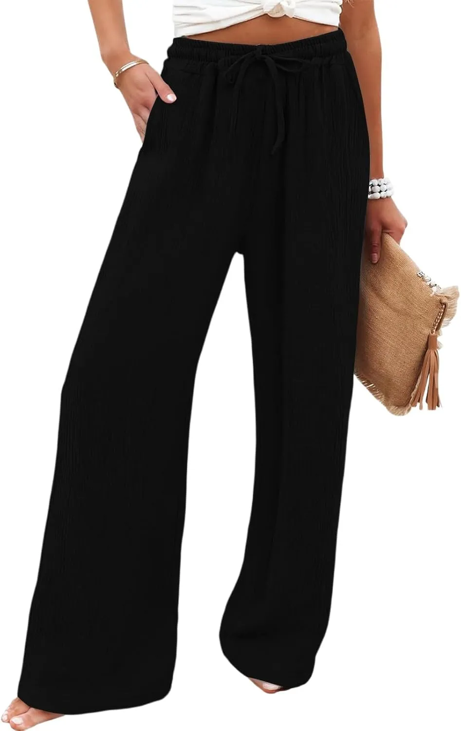 eoeioa Summer Linen Pants Women Baggy Elastic High Waisted Wide Leg Pants Comfy Flowy Beach Trousers with Pockets