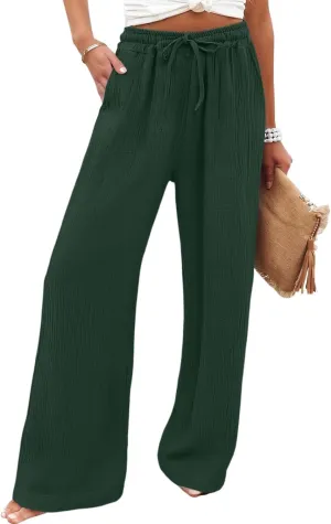 eoeioa Summer Linen Pants Women Baggy Elastic High Waisted Wide Leg Pants Comfy Flowy Beach Trousers with Pockets