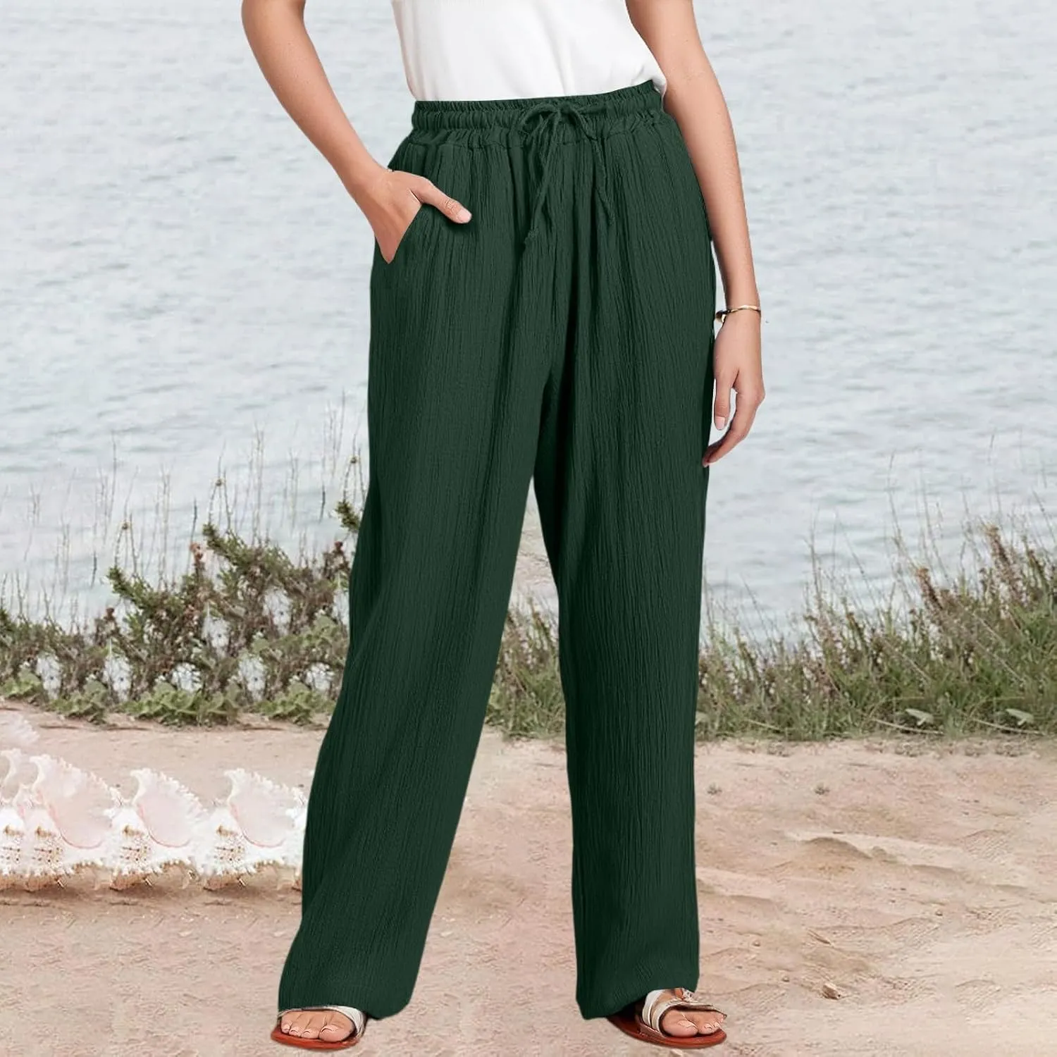 eoeioa Summer Linen Pants Women Baggy Elastic High Waisted Wide Leg Pants Comfy Flowy Beach Trousers with Pockets