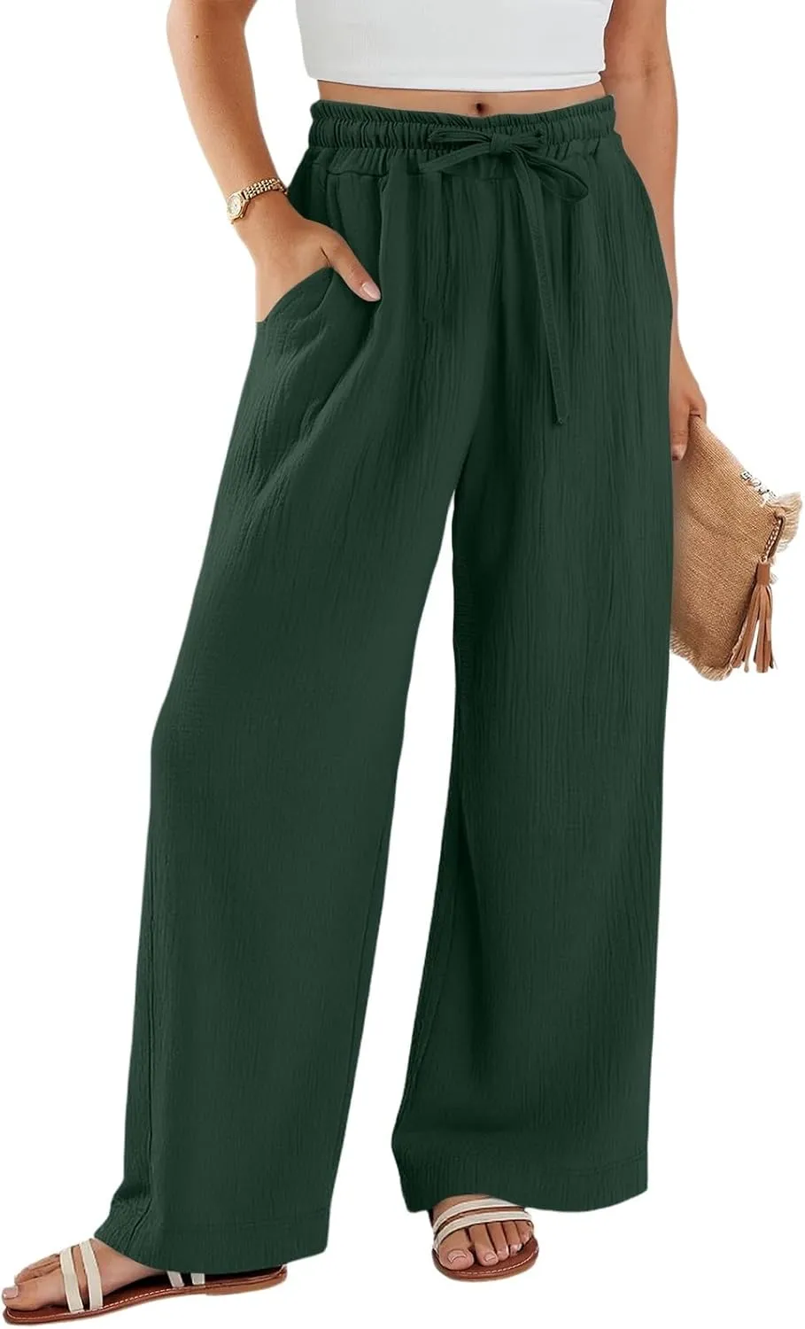 eoeioa Summer Linen Pants Women Baggy Elastic High Waisted Wide Leg Pants Comfy Flowy Beach Trousers with Pockets