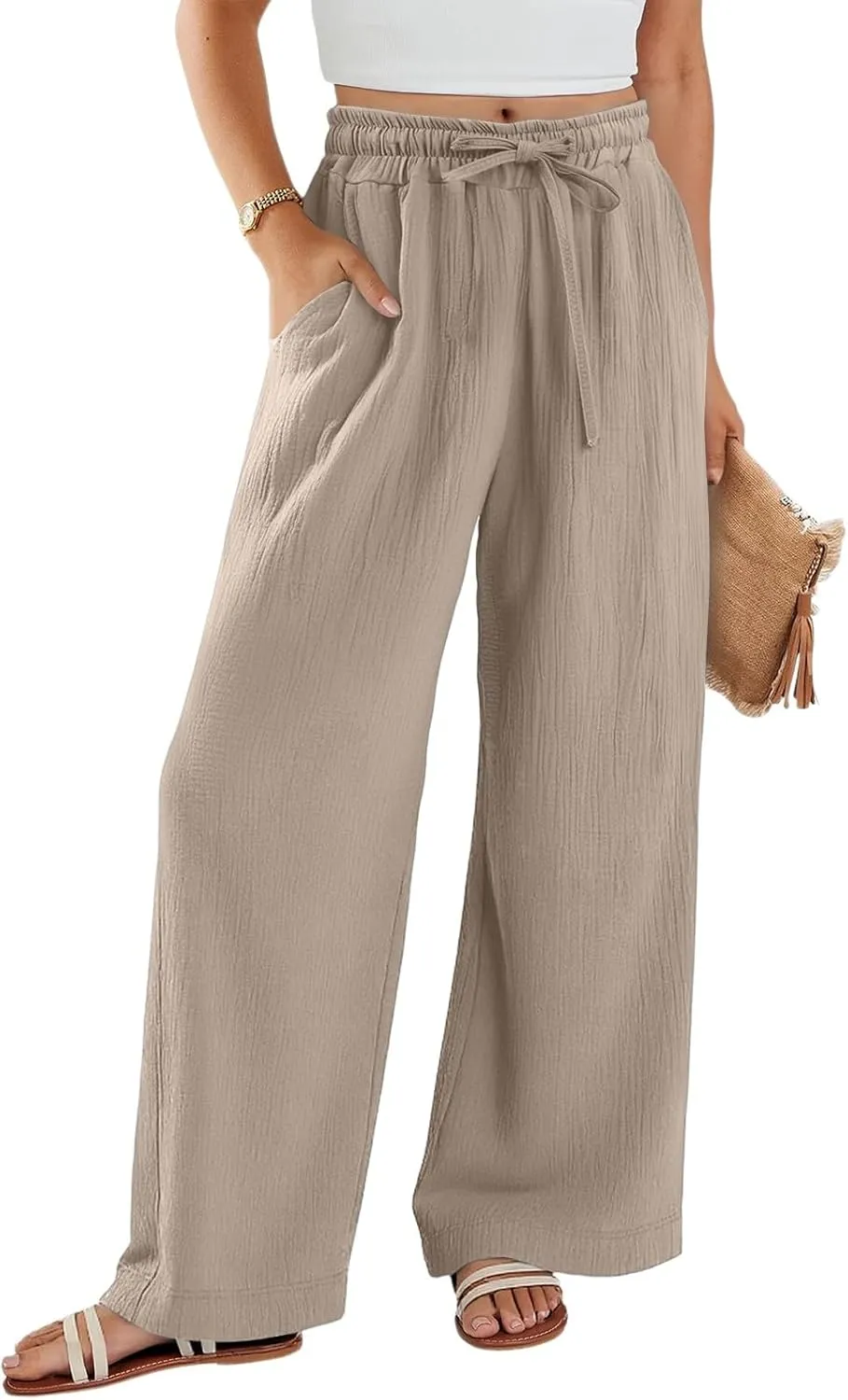 eoeioa Summer Linen Pants Women Baggy Elastic High Waisted Wide Leg Pants Comfy Flowy Beach Trousers with Pockets