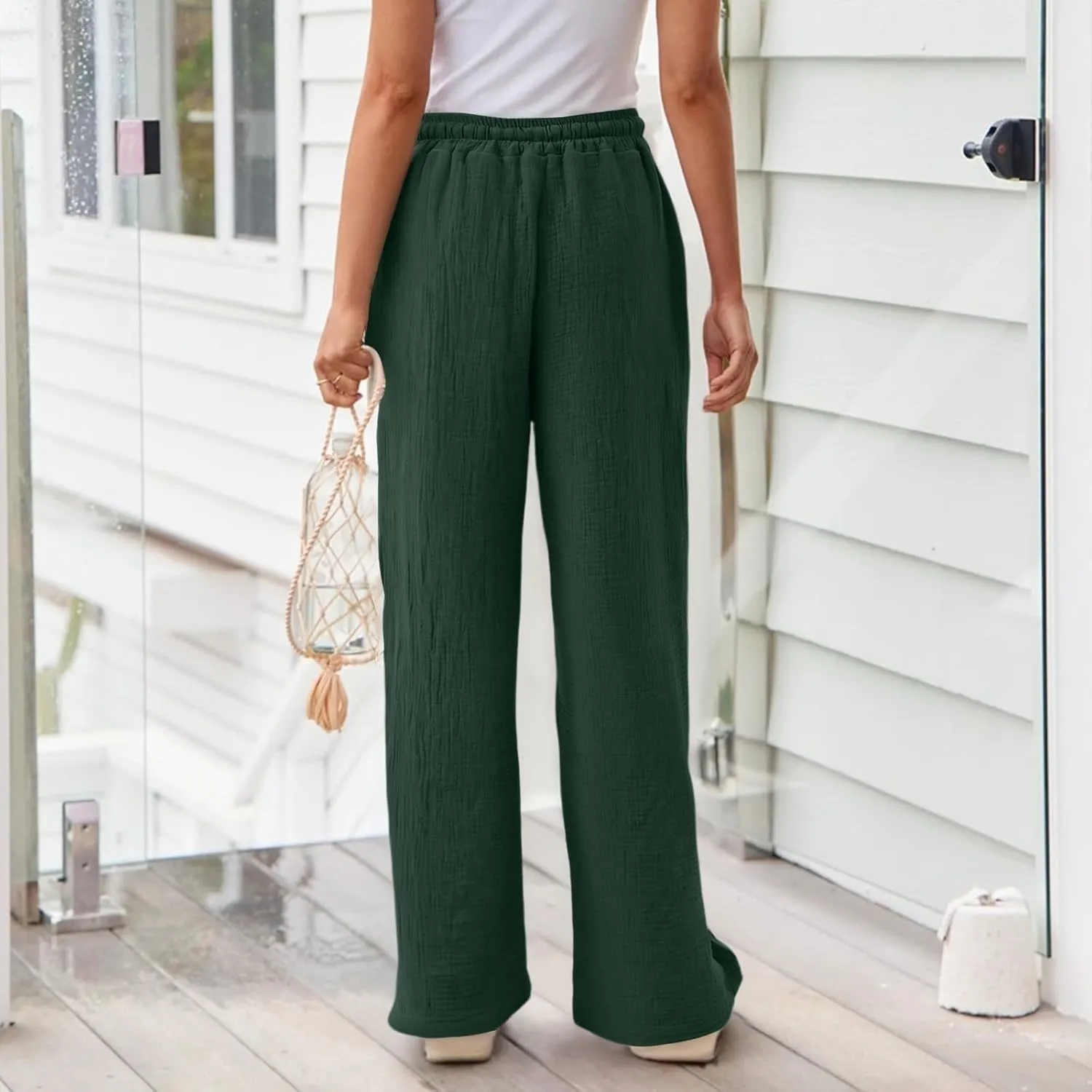 eoeioa Summer Linen Pants Women Baggy Elastic High Waisted Wide Leg Pants Comfy Flowy Beach Trousers with Pockets