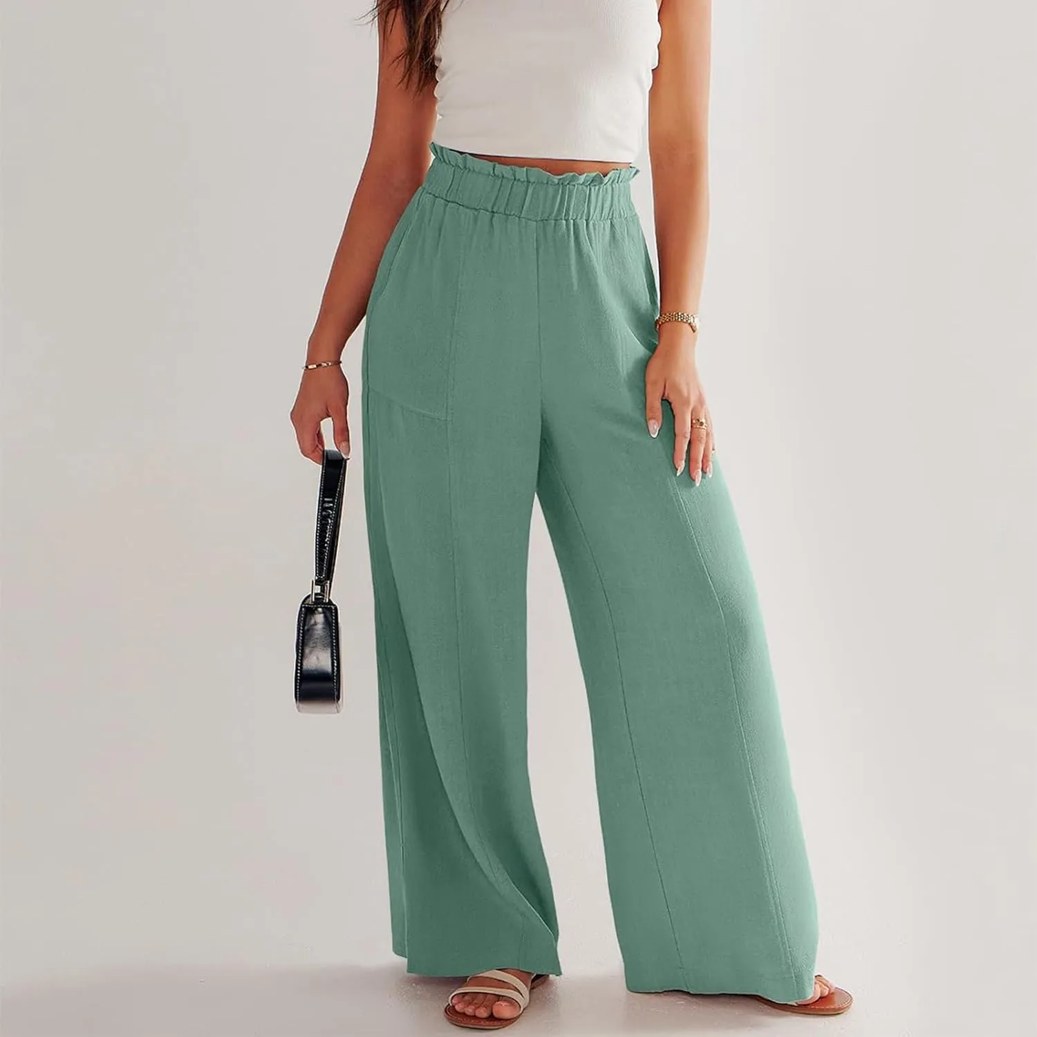 eoeioa Wide Leg Linen Pants for Women Elastic High Waisted Palazzo Pants Summer Vacation Loose Fit Beach Pant with Pockets