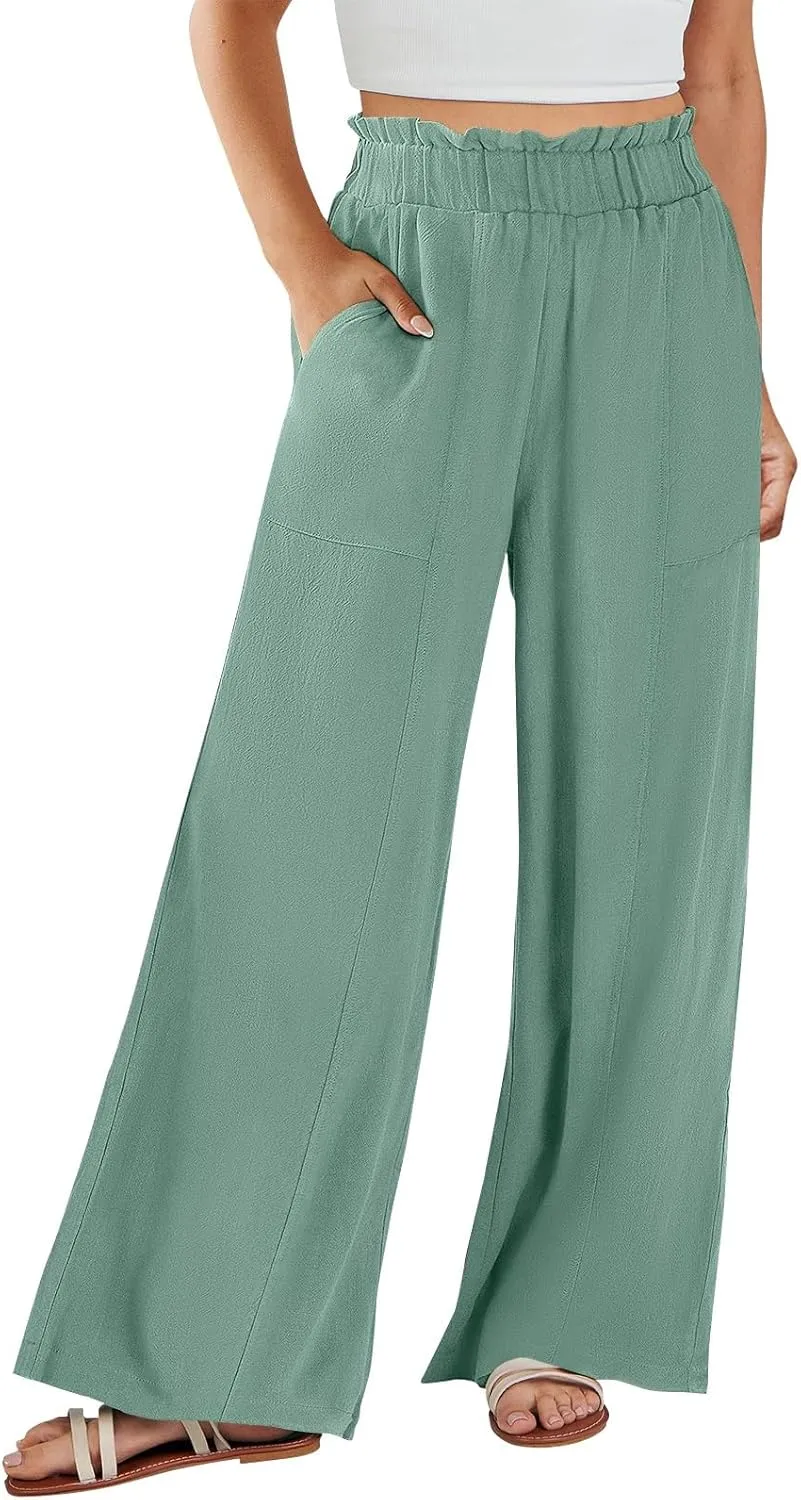 eoeioa Wide Leg Linen Pants for Women Elastic High Waisted Palazzo Pants Summer Vacation Loose Fit Beach Pant with Pockets
