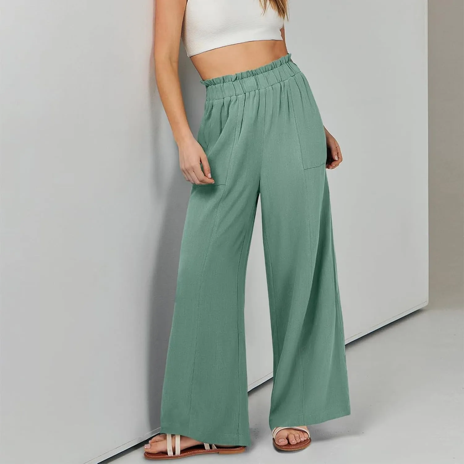eoeioa Wide Leg Linen Pants for Women Elastic High Waisted Palazzo Pants Summer Vacation Loose Fit Beach Pant with Pockets