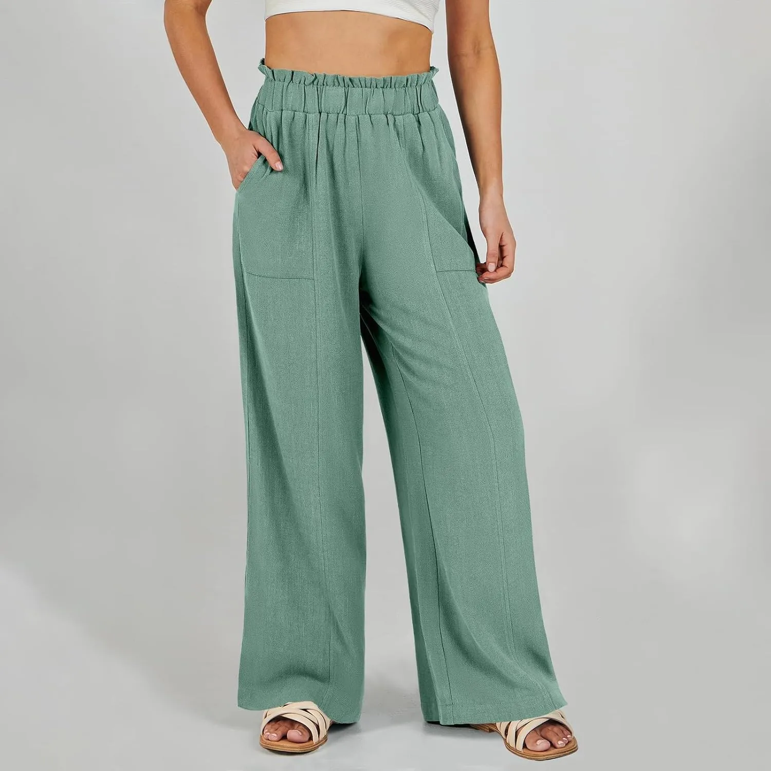 eoeioa Wide Leg Linen Pants for Women Elastic High Waisted Palazzo Pants Summer Vacation Loose Fit Beach Pant with Pockets