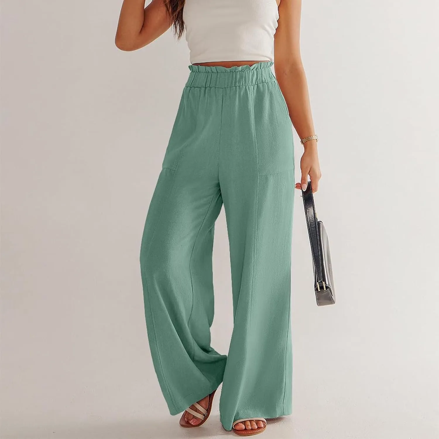 eoeioa Wide Leg Linen Pants for Women Elastic High Waisted Palazzo Pants Summer Vacation Loose Fit Beach Pant with Pockets