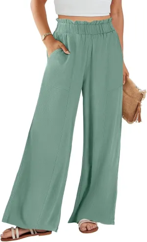 eoeioa Wide Leg Linen Pants for Women Elastic High Waisted Palazzo Pants Summer Vacation Loose Fit Beach Pant with Pockets
