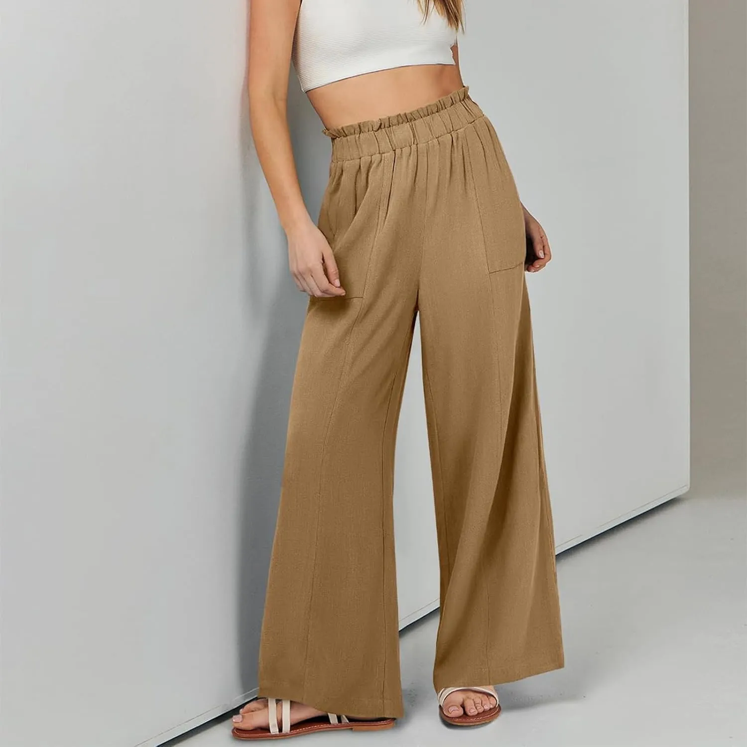 eoeioa Womens Beach Pants Summer Elastic Waist Linen Pants Lightweight Casual Baggy Flowy Wide Leg Pant with Pockets