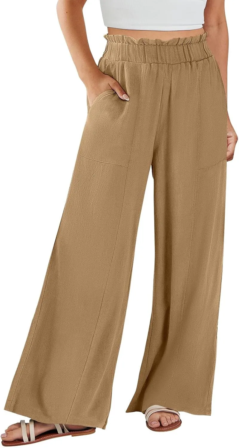 eoeioa Womens Beach Pants Summer Elastic Waist Linen Pants Lightweight Casual Baggy Flowy Wide Leg Pant with Pockets