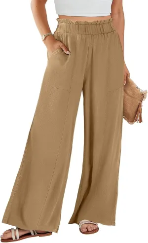 eoeioa Womens Beach Pants Summer Elastic Waist Linen Pants Lightweight Casual Baggy Flowy Wide Leg Pant with Pockets
