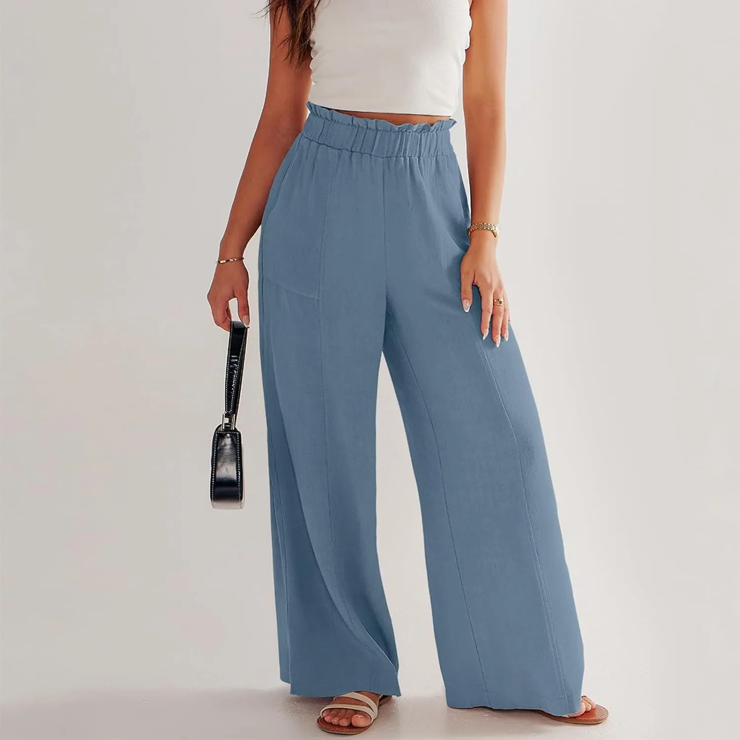 eoeioa Womens Beach Pants Summer Elastic Waist Linen Pants Lightweight Casual Baggy Flowy Wide Leg Pant with Pockets