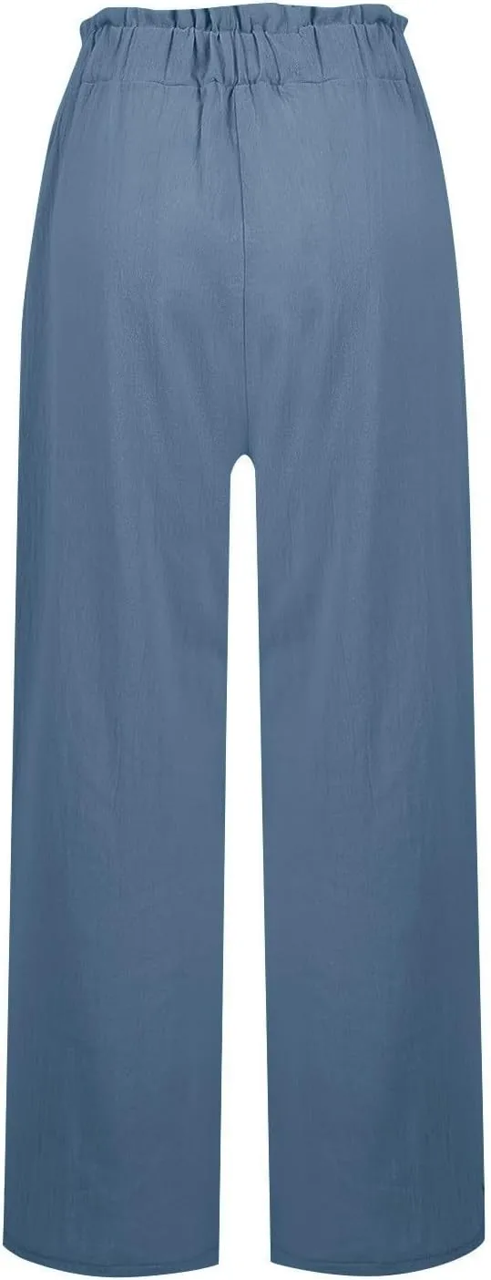 eoeioa Womens Beach Pants Summer Elastic Waist Linen Pants Lightweight Casual Baggy Flowy Wide Leg Pant with Pockets