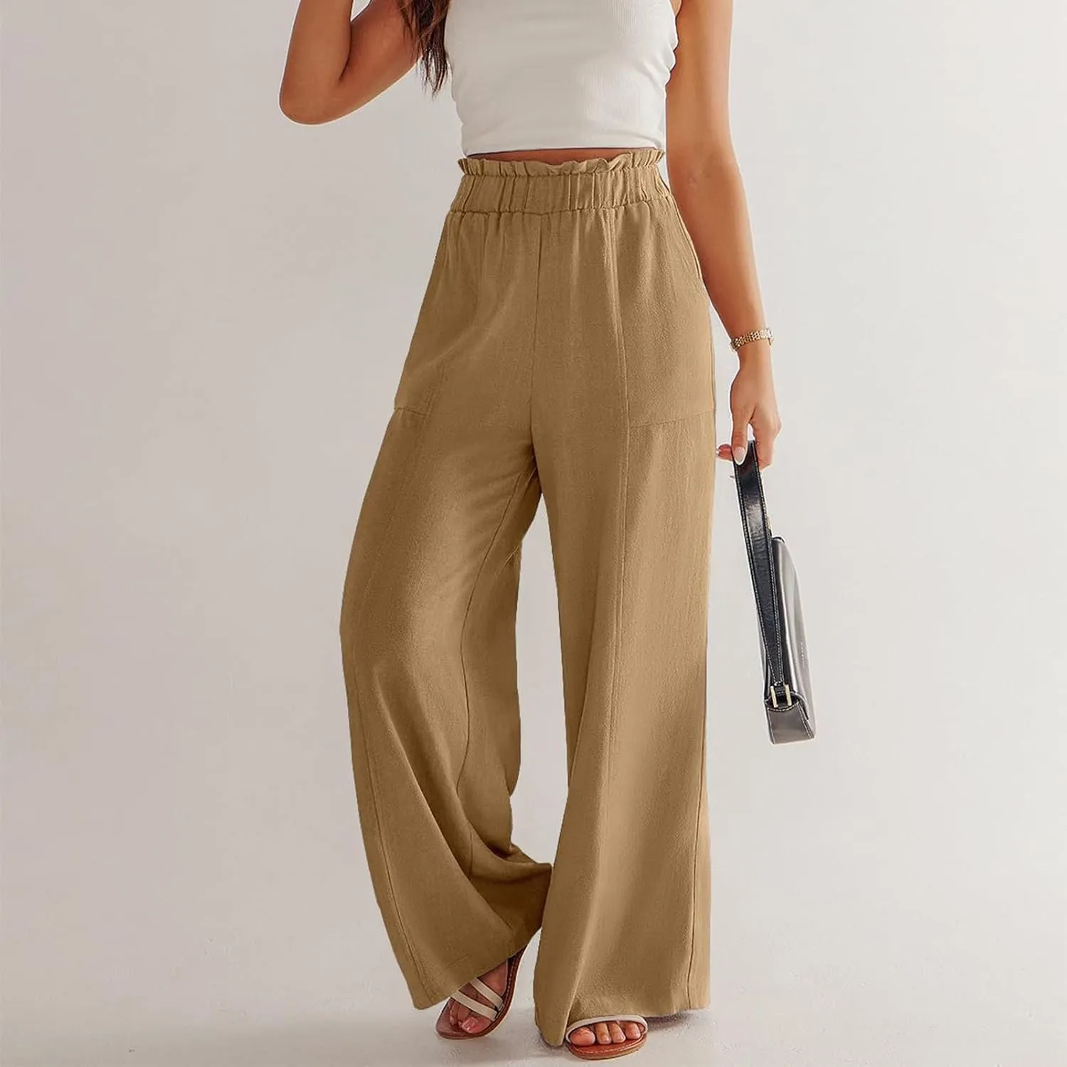 eoeioa Womens Beach Pants Summer Elastic Waist Linen Pants Lightweight Casual Baggy Flowy Wide Leg Pant with Pockets