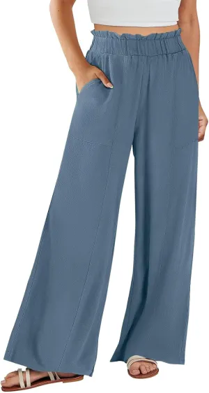 eoeioa Womens Beach Pants Summer Elastic Waist Linen Pants Lightweight Casual Baggy Flowy Wide Leg Pant with Pockets
