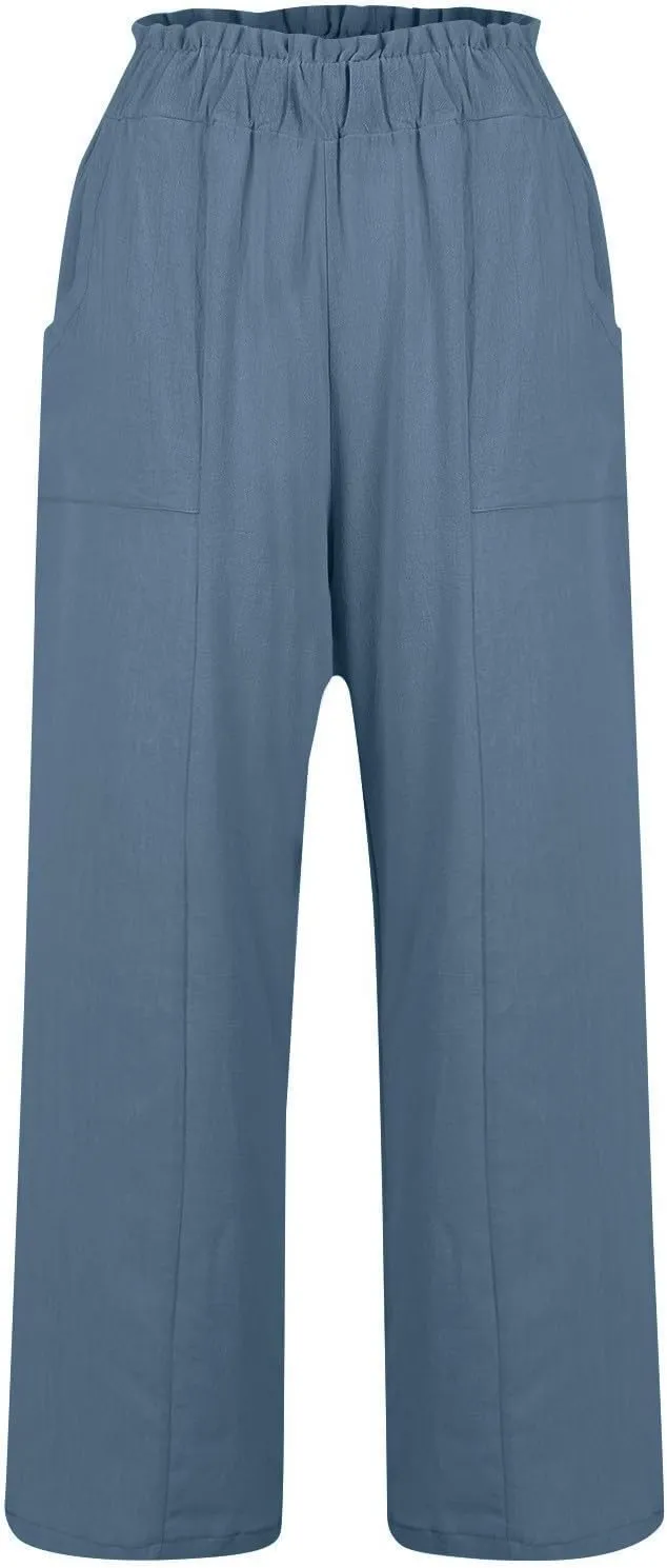 eoeioa Womens Beach Pants Summer Elastic Waist Linen Pants Lightweight Casual Baggy Flowy Wide Leg Pant with Pockets