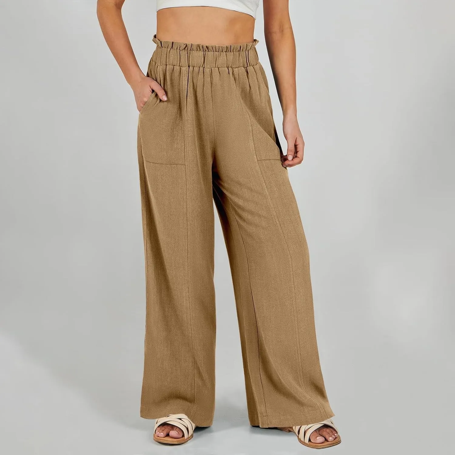 eoeioa Womens Beach Pants Summer Elastic Waist Linen Pants Lightweight Casual Baggy Flowy Wide Leg Pant with Pockets
