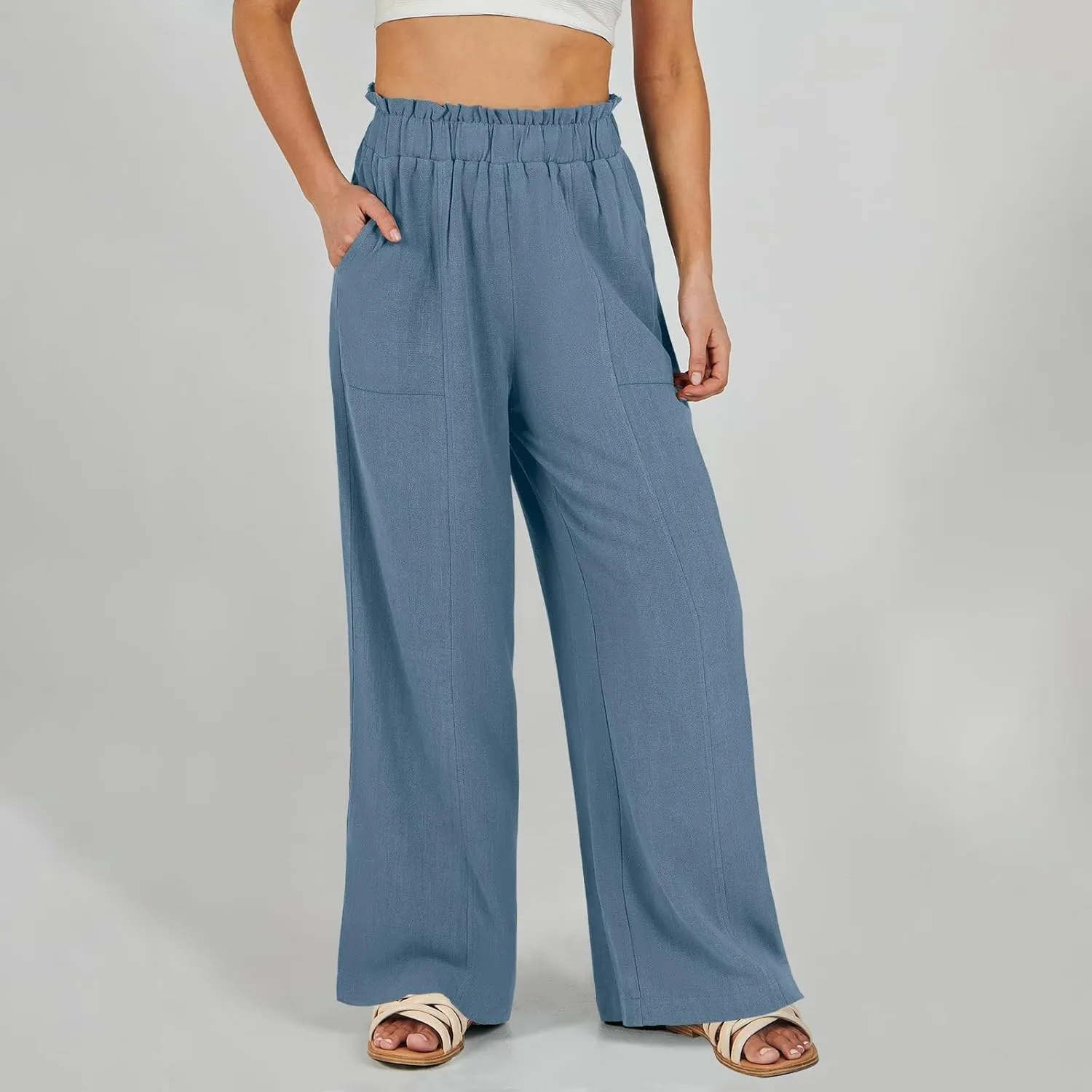 eoeioa Womens Beach Pants Summer Elastic Waist Linen Pants Lightweight Casual Baggy Flowy Wide Leg Pant with Pockets