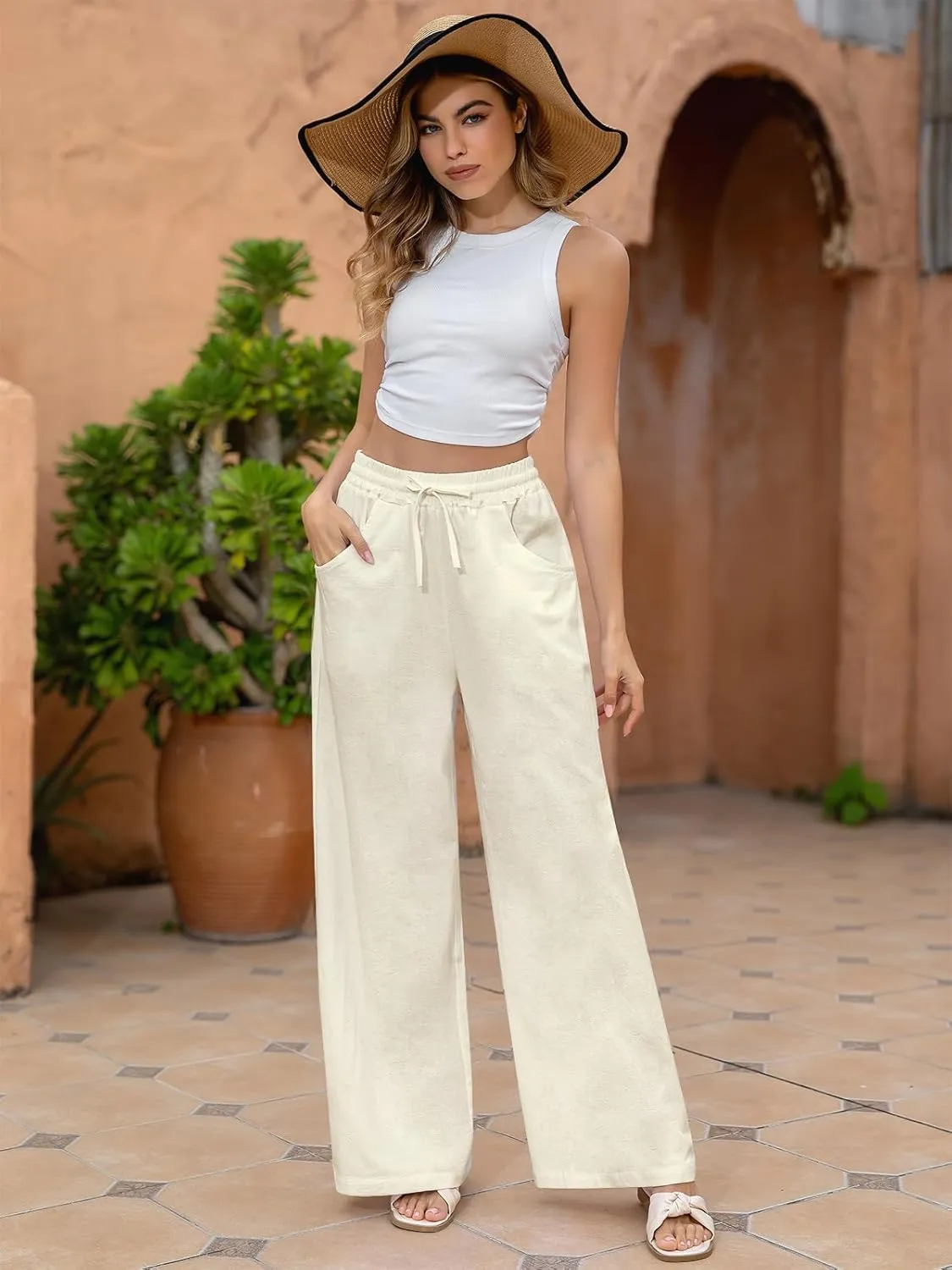 Fancysters Women Wide Leg Linen Pants, High Waisted Summer Casual Cotton Linen Palazzo Pants with Pockets