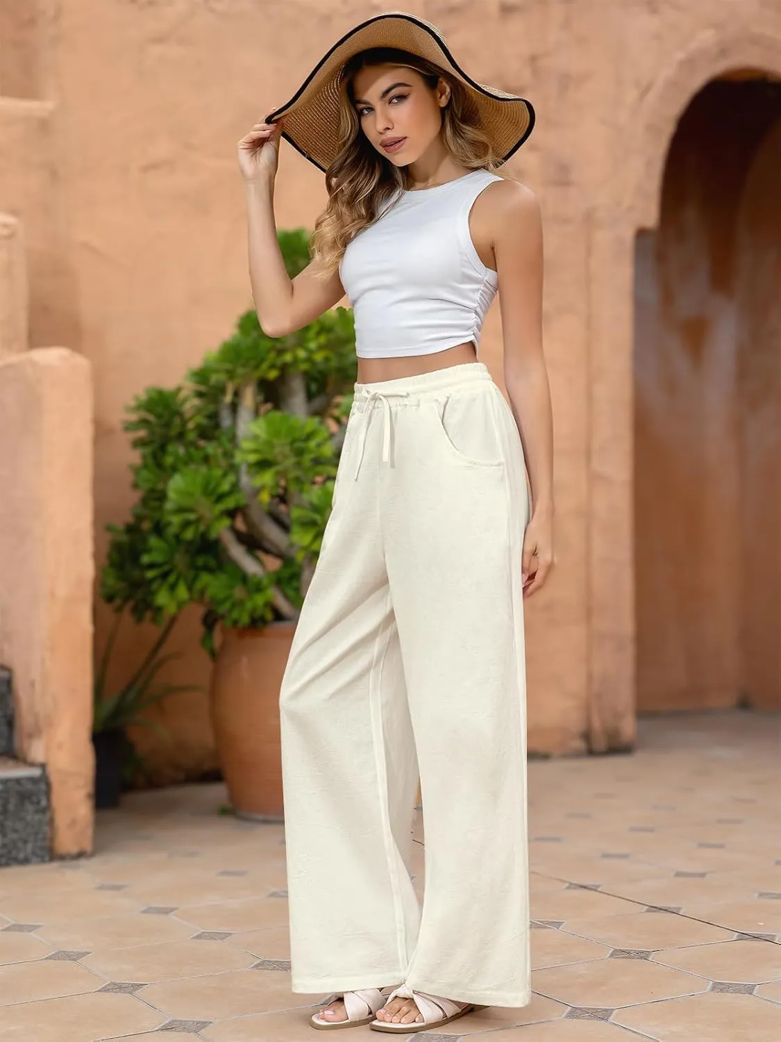 Fancysters Women Wide Leg Linen Pants, High Waisted Summer Casual Cotton Linen Palazzo Pants with Pockets