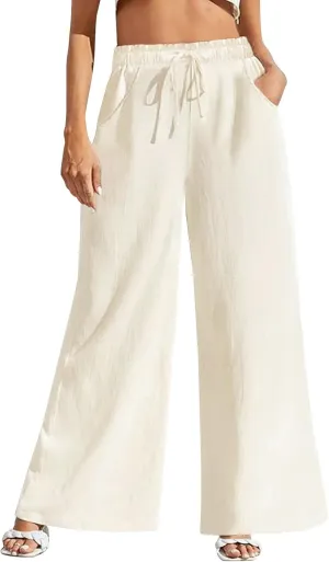 Fancysters Women Wide Leg Linen Pants, High Waisted Summer Casual Cotton Linen Palazzo Pants with Pockets