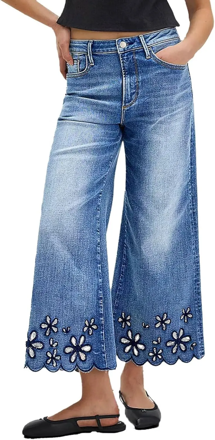 Flamingals Women's Wide Leg Crop Jeans Mid Rise Floral Embroidery Strechy Casual Trendy Denim Pants