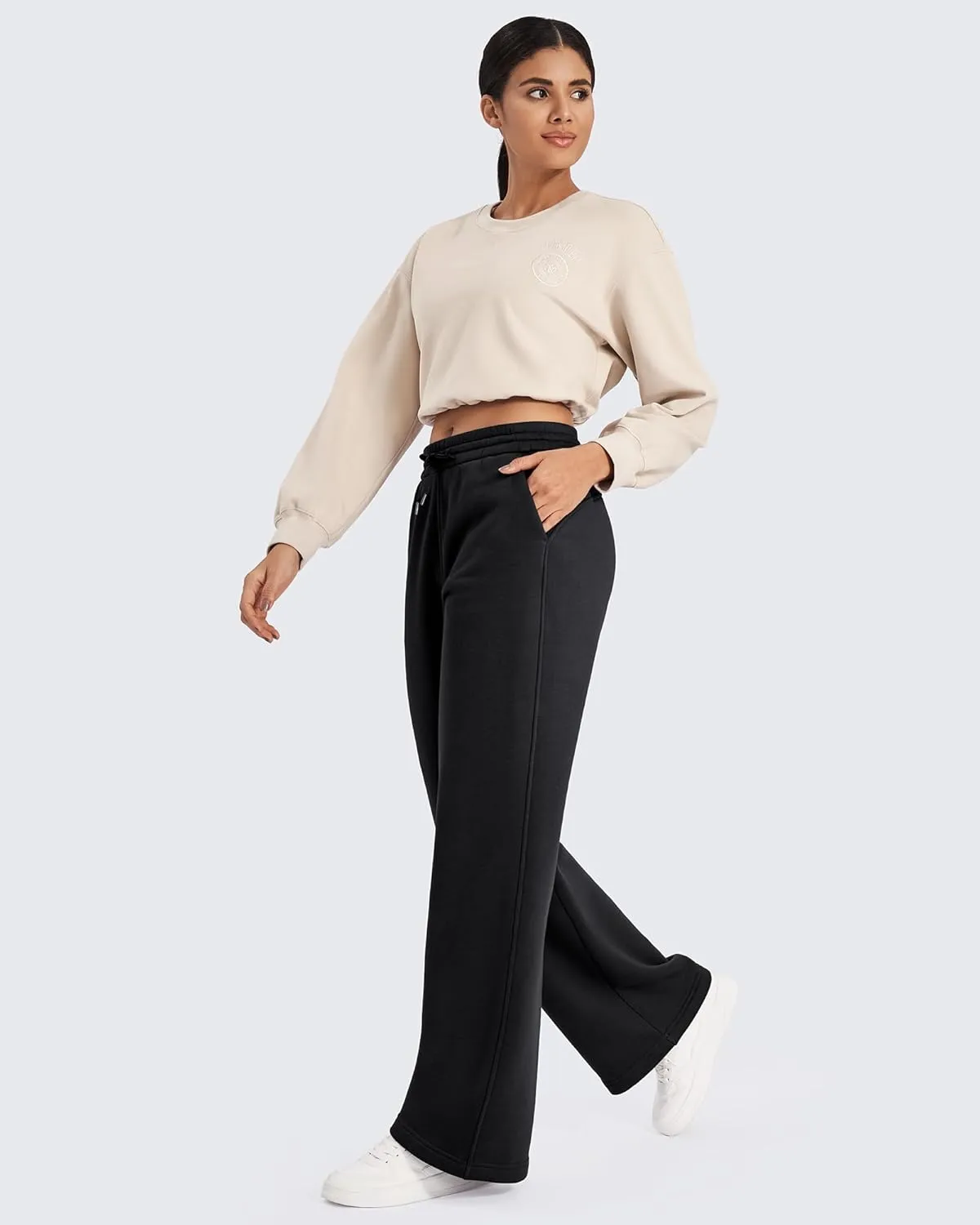 G4Free Fleece Lined Pants Women Drawstring Waist Wide Leg Pants Winter Warm Lounge Sweatpants with Pockets 29''/31''/33''