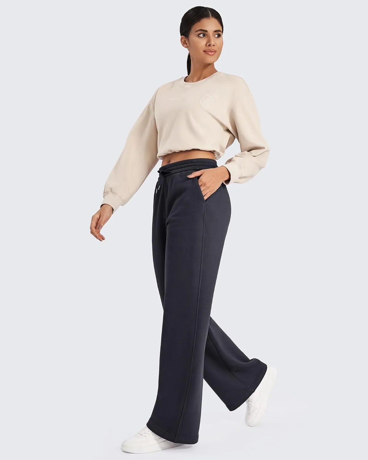 G4Free Fleece Lined Pants Women Drawstring Waist Wide Leg Pants Winter Warm Lounge Sweatpants with Pockets 29''/31''/33''