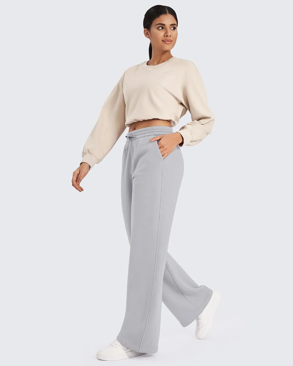 G4Free Fleece Lined Pants Women Drawstring Waist Wide Leg Pants Winter Warm Lounge Sweatpants with Pockets 29''/31''/33''