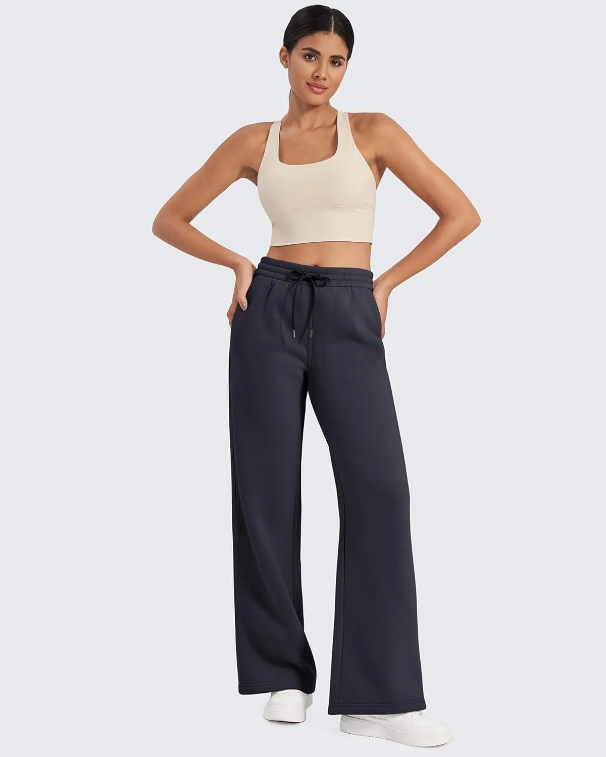 G4Free Fleece Lined Pants Women Drawstring Waist Wide Leg Pants Winter Warm Lounge Sweatpants with Pockets 29''/31''/33''