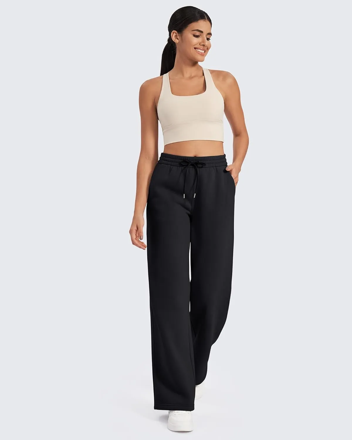 G4Free Fleece Lined Pants Women Drawstring Waist Wide Leg Pants Winter Warm Lounge Sweatpants with Pockets 29''/31''/33''