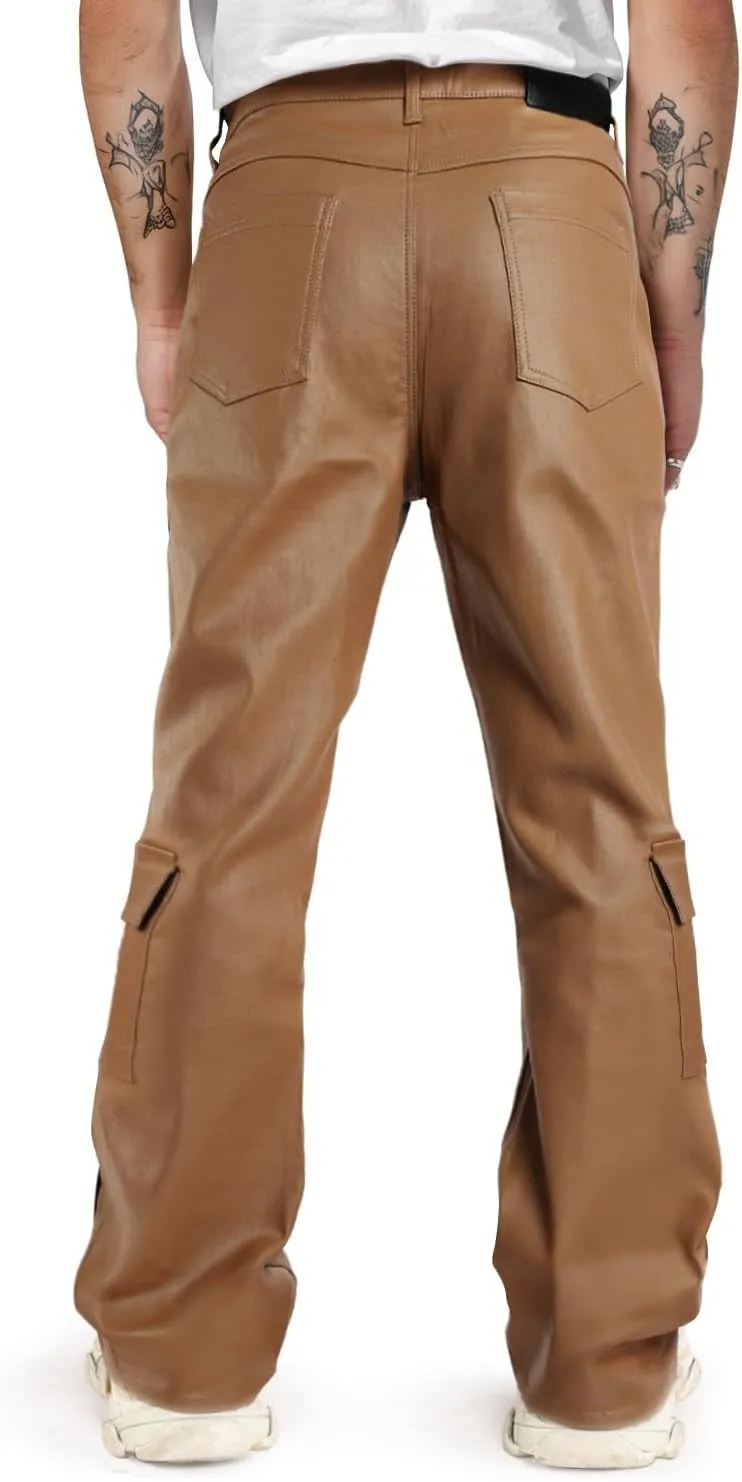 GINGTTO Mens Faux Leather Cargo Pants Flared Bell Bottoms with Pockets for Men 70s Party Pants