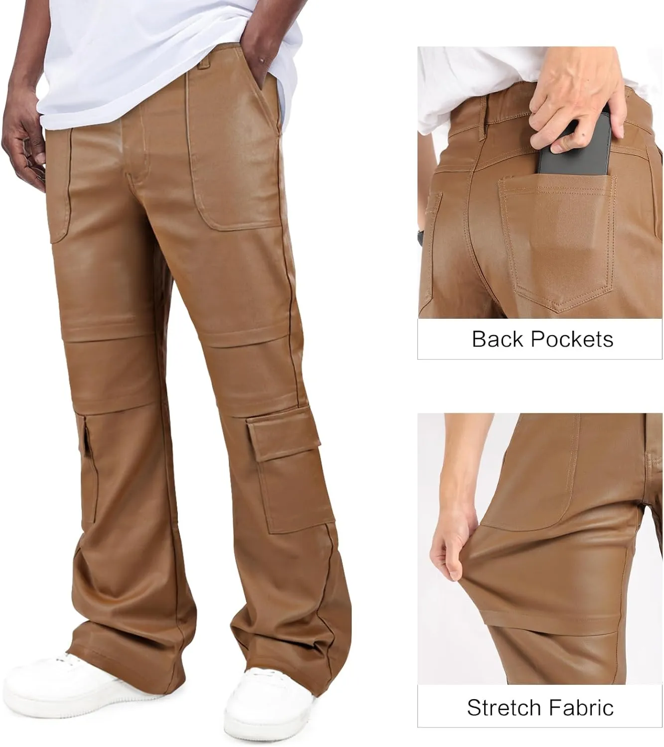 GINGTTO Mens Faux Leather Cargo Pants Flared Bell Bottoms with Pockets for Men 70s Party Pants