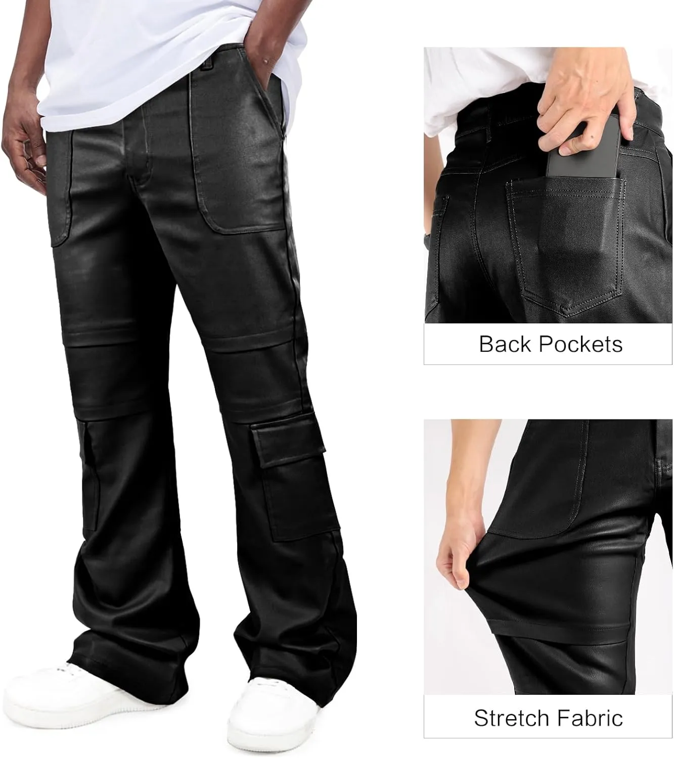 GINGTTO Mens Faux Leather Cargo Pants Flared Bell Bottoms with Pockets for Men 70s Party Pants