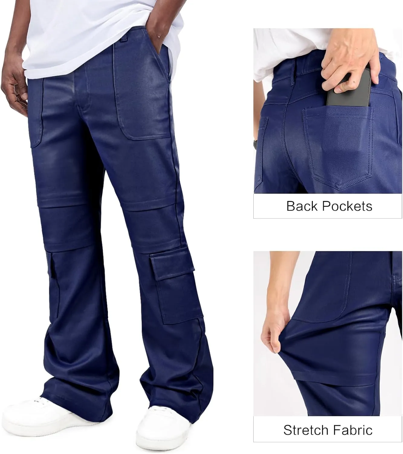 GINGTTO Mens Faux Leather Cargo Pants Flared Bell Bottoms with Pockets for Men 70s Party Pants