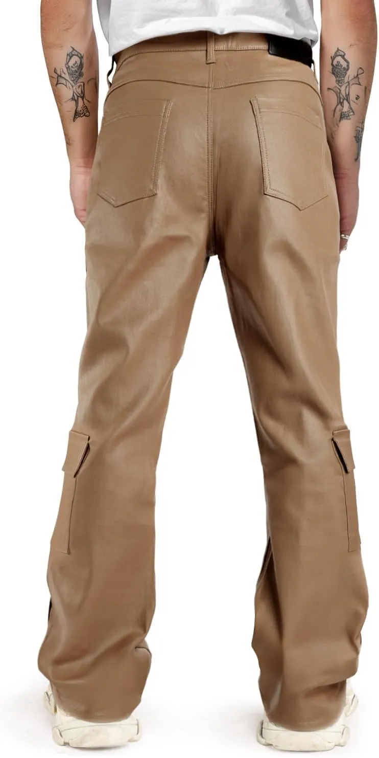 GINGTTO Mens Faux Leather Cargo Pants Flared Bell Bottoms with Pockets for Men 70s Party Pants